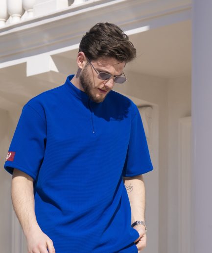 Peacock blue half zip outfit