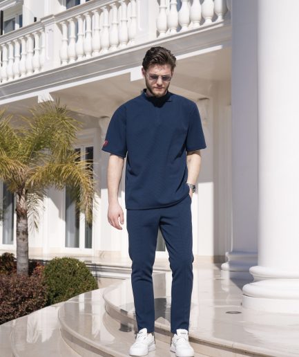 Indigo half zip outfit